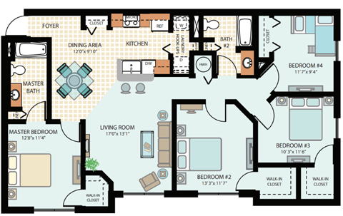 Four Bedroom Floor Plan at Spanish Trace Affordable Apartments in Tampa FL